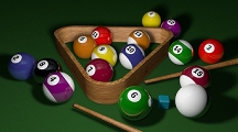 Pool balls, rack, cues, and chalk